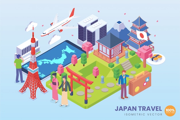 Vector ilustración isométrica de viajes de japón