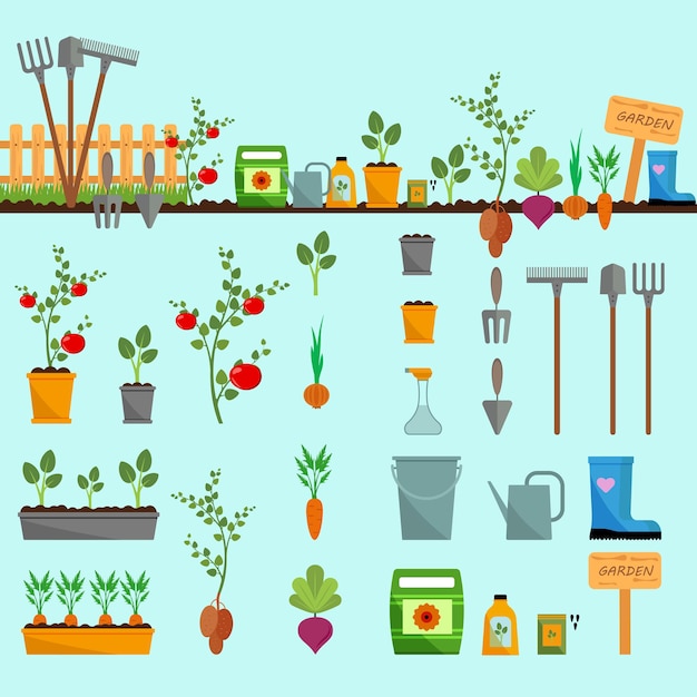 Ilustración de jardín. Colección de elementos y herramientas de jardinería. Ilustración de vector de estilo plano