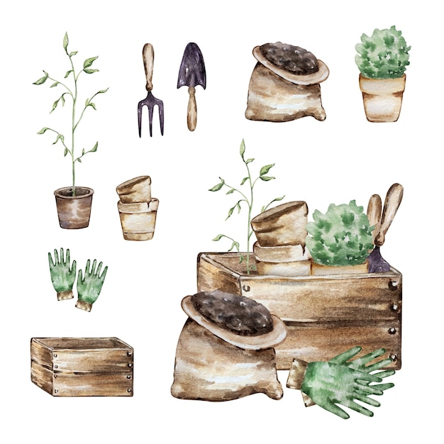 Ilustración de jardín con elementos de herramientas de jardinería