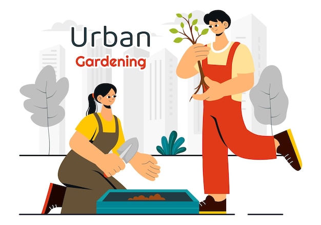 Ilustración de jardinería urbana con personas plantando brotes en un lecho de jardín elevado de madera con floristas y vegetación en un paisaje urbano moderno de fondo