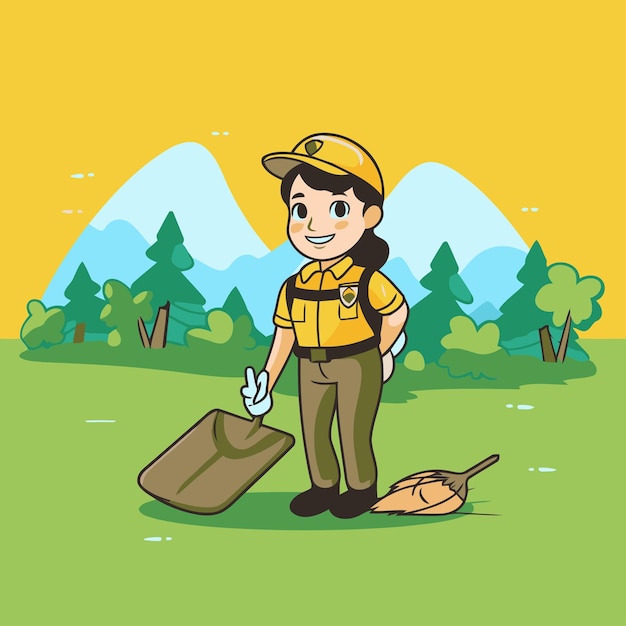 Vector ilustración de un jardinero de dibujos animados con uniforme amarillo y guantes