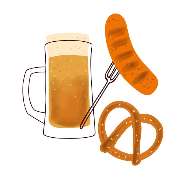 Ilustración con jarra de cerveza estilizada con salchicha a la parrilla tradicional snack pretzel sobre fondo blanco