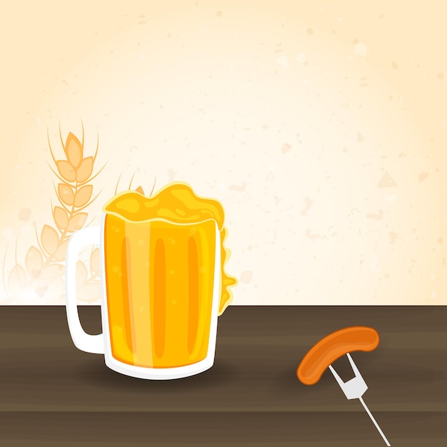 Vector ilustración de jarra de cerveza con salchicha, tenedor, espiga de trigo sobre fondo marrón ans copy space.