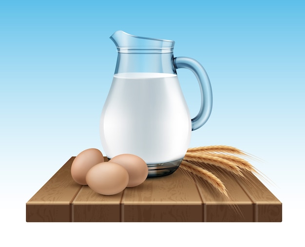 Vector ilustración de la jarra de vidrio de leche con espigas y huevos en un soporte de madera sobre fondo azul.