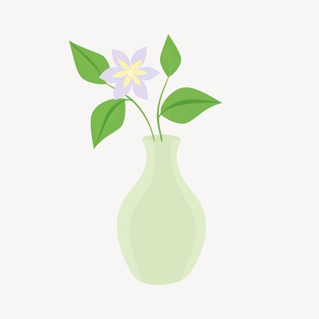 Ilustración de un jarrón verde con una flor púrpura y hojas verdes Diseño sencillo del jarrón