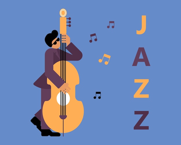 Ilustración jazzman con notas musicales de contrabajo y texto Jazz diseño azul y amarillo