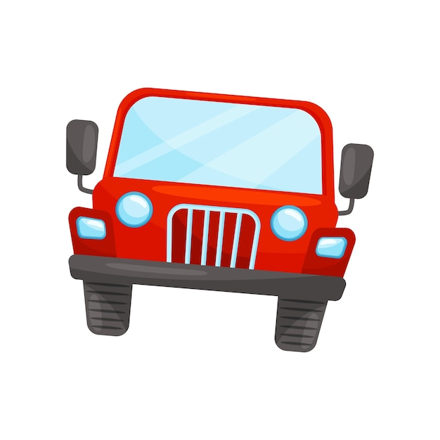 Ilustración de un jeep rojo brillante vista frontal Automóvil de pasajeros Transporte para conducir por el desierto Elemento gráfico para juego móvil o libro para niños Vector plano colorido aislado sobre fondo blanco