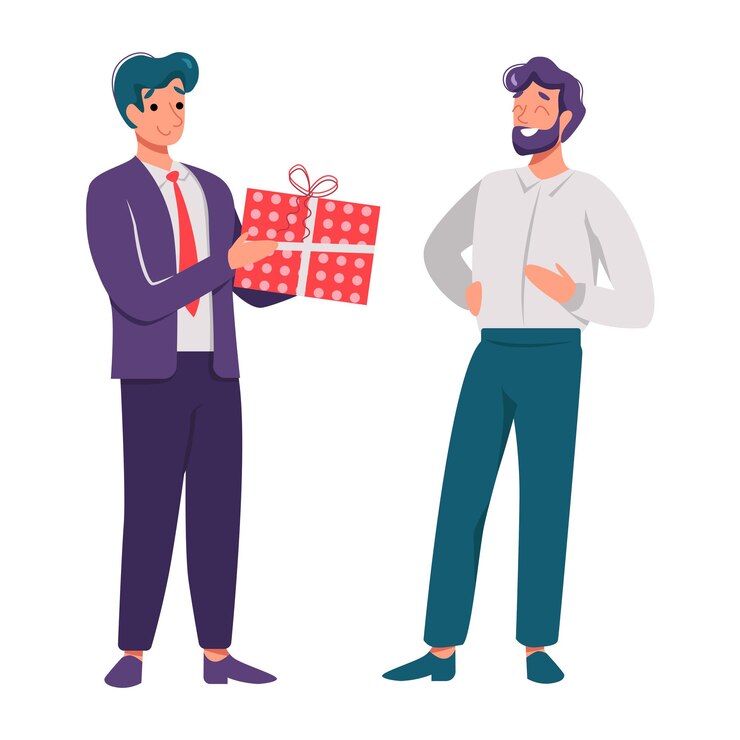 Vector ilustración de un jefe y un empleado dando un regalo dos hombres con fondo blanco