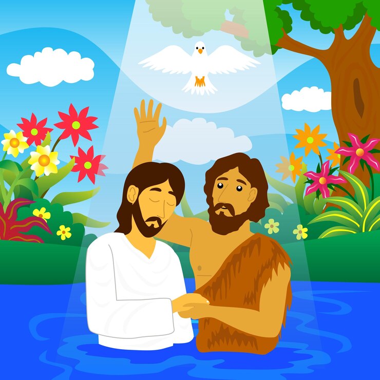 ilustración de Jesús siendo bautizado en el río Jordán