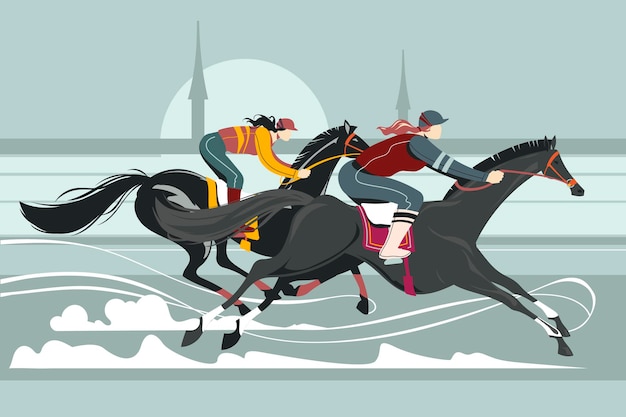 Ilustración de jinetes en competición de caballos de carreras