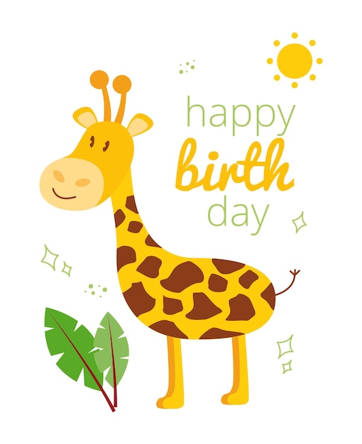 Ilustración con una jirafa un sol una hoja de palma y la inscripción feliz cumpleaños Tarjeta de felicitación feliz birhday con jirafa