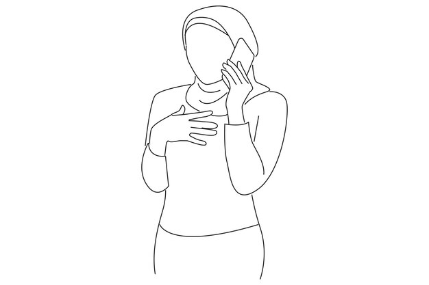 Ilustración de una joven asiática sorprendida hablando por teléfono móvil y poniendo las manos en el pecho