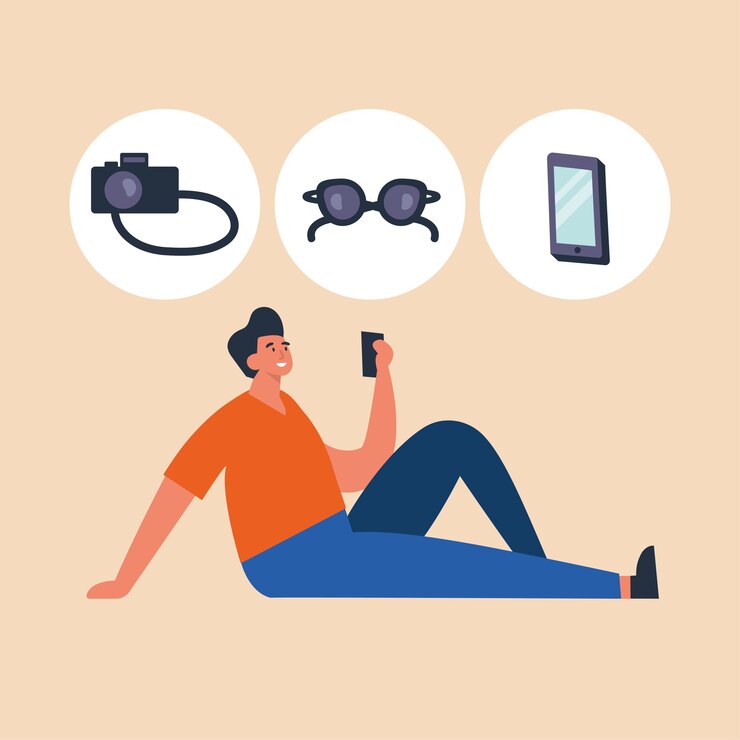 Vector ilustración joven de compras en línea por computadora portátil, dispositivos de navegación.