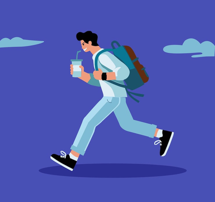 Ilustración de un joven corriendo con una taza de café