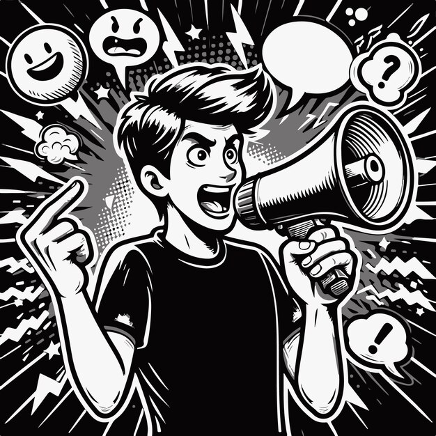 Ilustración de un joven enojado gritando a través de un megáfono