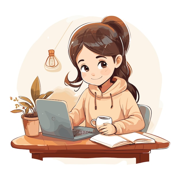 Vector ilustración de un joven estudiante estudiando con libros portátiles y café