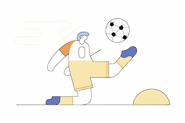 Ilustración de un joven jugador de fútbol disparando una pelota sobre un fondo blanco