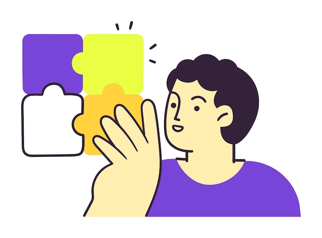 Ilustración de un joven juntando piezas de rompecabezas de colores que significan la resolución de problemas