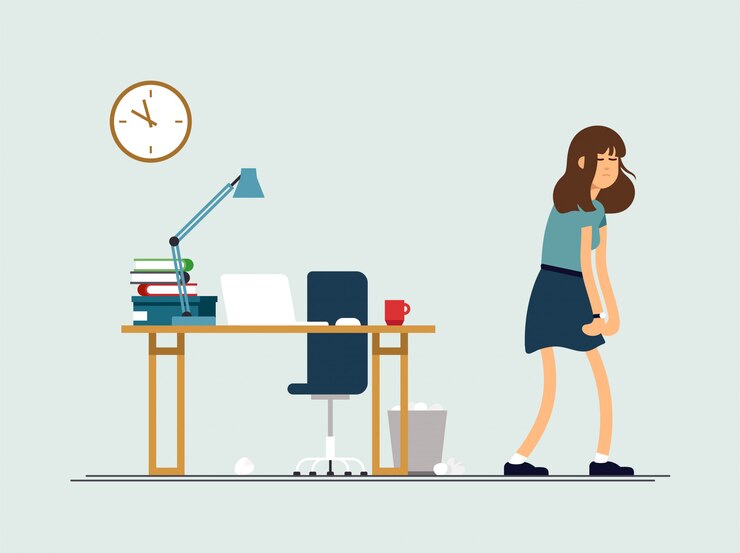 Ilustración joven mujer cansada, estado de ánimo somnoliento, salud débil, agotado mental. El personaje femenino de la ilustración del concepto está muy cansado después del día de trabajo.