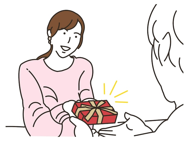 Ilustración de una joven que da un regalo a un hombre