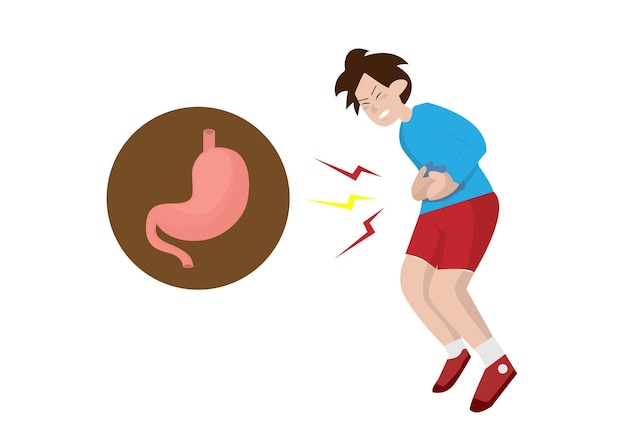 Ilustración de un joven que sufre de inflamación, dolor, cólico punzante y estómago apretado