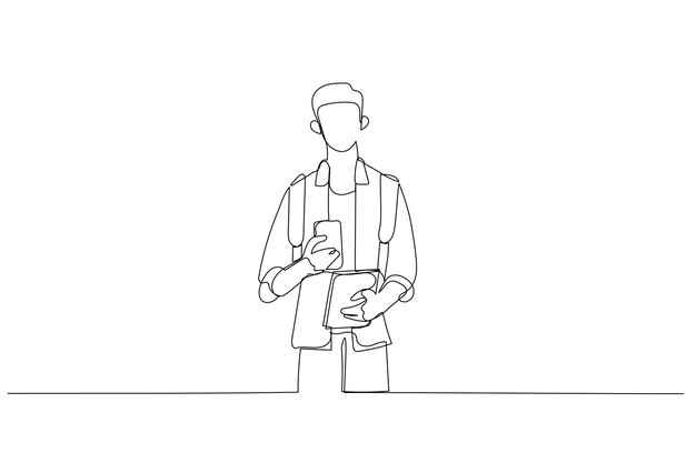 Ilustración de un joven que tiene una nota y usa el teléfono generando ideas mientras navega por la red Estilo de arte de una sola línea