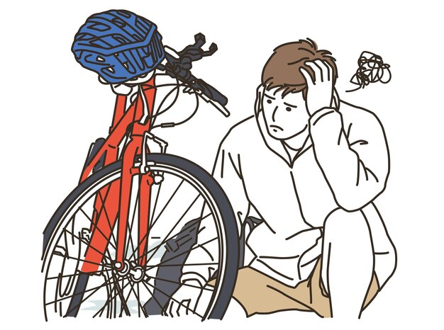 Ilustración de un joven que tiene problemas con su bicicleta