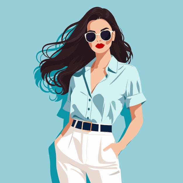 Ilustración de una joven segura de sí misma con gafas de sol y una elegante camisa y pantalones clásicos