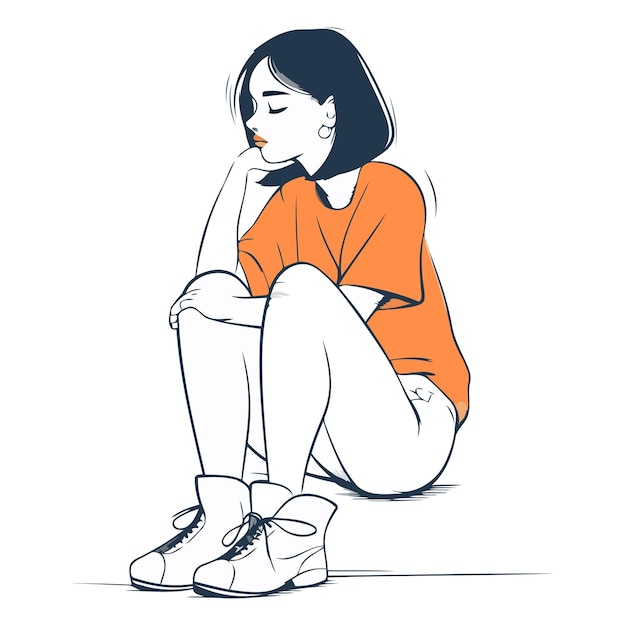 Ilustración de una joven triste sentada en el suelo Vector