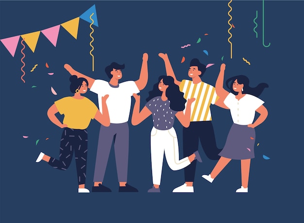 Vector ilustración los jóvenes se lo pasan en grande. concepto de emociones positivas. grupo de personajes divirtiéndose y celebrando. fiesta nocturna.