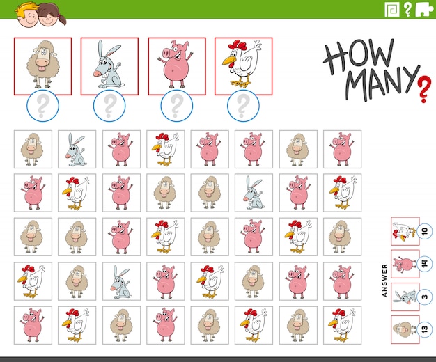 Ilustración del juego educativo de conteo para niños con personajes de dibujos animados de animales de granja