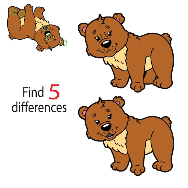 Ilustración del juego educativo de rompecabezas para niños encuentra 5 diferencias con oso de dibujos animados