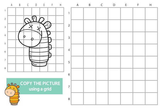 Ilustración del juego de rompecabezas educativo de imagen de copia de cuadrícula con juguete de jirafa de garabato