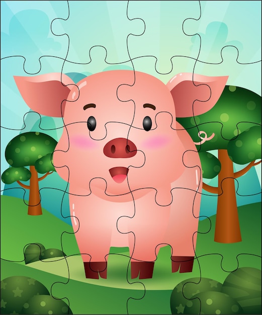 Vector ilustración de juego de rompecabezas para niños con cerdo lindo