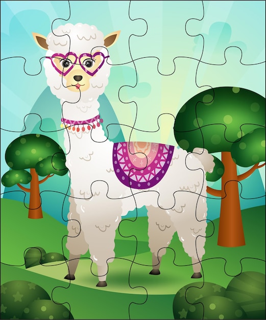 Ilustración de juego de rompecabezas para niños con linda alpaca
