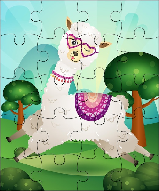 Ilustración de juego de rompecabezas para niños con linda alpaca