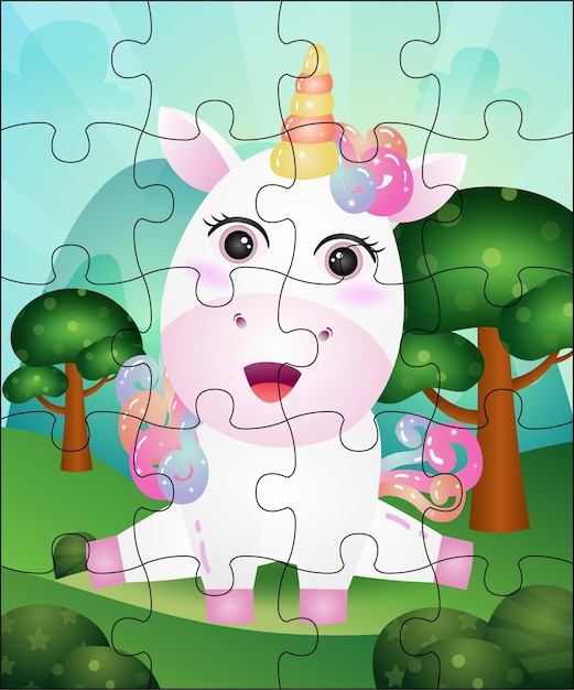 Vector ilustración de juego de rompecabezas para niños con lindo unicornio