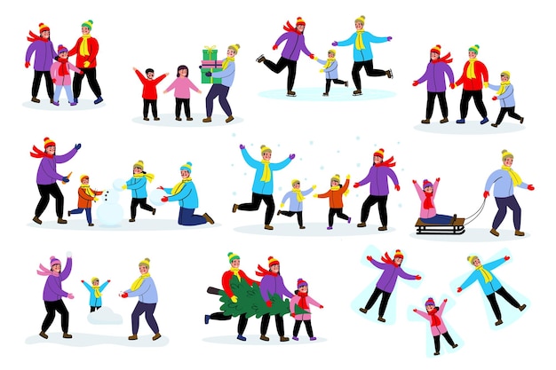 Ilustración de juegos Familia disfrutando de actividades de invierno juntos celebrando la alegría de la temporada de vacaciones