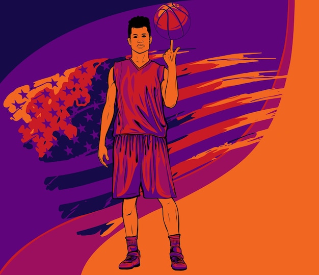 Vector ilustración del jugador de baloncesto con bandera americana.