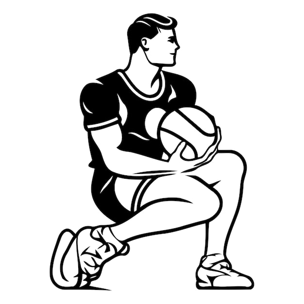 Ilustración de un jugador de baloncesto sosteniendo la pelota mirando hacia el lado establecido dentro del círculo en un fondo aislado hecho en estilo retro