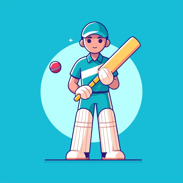 Ilustración de un jugador de cricket con una pelota de cricket y un bate