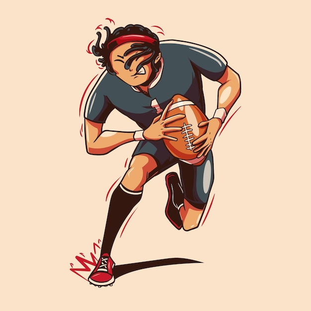 Ilustración de un jugador de fútbol americano corriendo y trayendo la pelota con estilo dibujado a mano