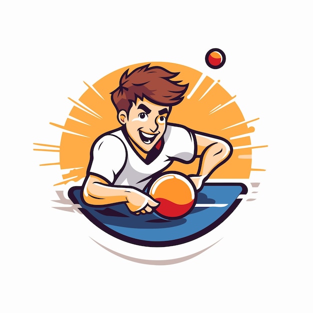 Vector ilustración de un jugador de tenis de mesa con la pelota colocada dentro del círculo en un fondo aislado hecho en estilo retro
