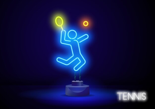 Ilustración de jugador de tenis de neón profesional Jugador de tenis de neón lineal ligero sobre un fondo negro Equipo de juego de tenis vector de señal de luz de neón Icono brillante brillante Raqueta y campo de tenis