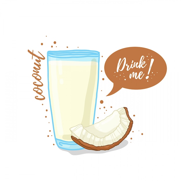 Ilustración de jugo de coco Bébame. Leche de coco en vaso de vidrio.