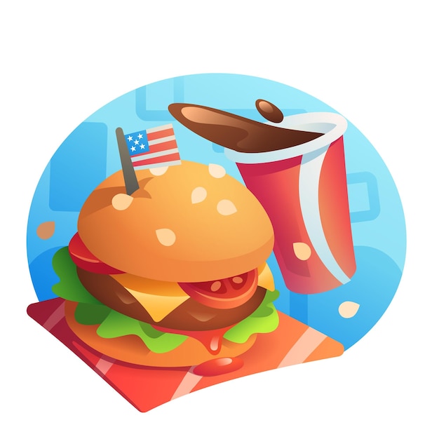 Ilustración de una jugosa hamburguesa con cola
