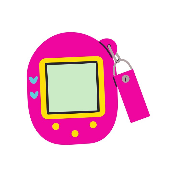 Vector ilustración de juguete tamagotchi icono de juego de mascotas de bolsillo digital vintage tamagotchy rosa clásico japonés con cadena de visualización de pantalla y botones cosas nostálgicas tamagotchie conejo mascota de los años 90