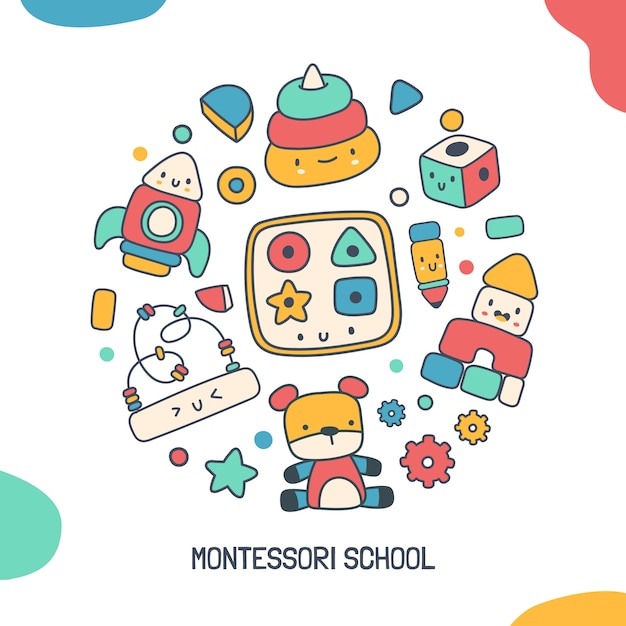 Ilustración de juguetes montessori dibujados a mano