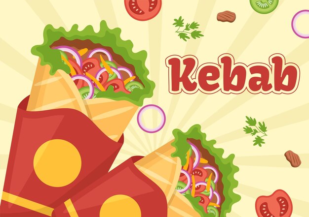 Ilustración de kebab con relleno de pollo o ensalada de carne de res y verduras en envoltura de tortilla de pan