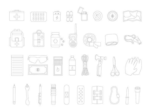 Ilustración del kit de supervivencia de emergencia con estilo Lineart